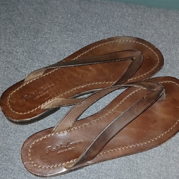 Ralph Lauren Brown Leather Flip-Flops Classic Sandals - Picture 1 of 6